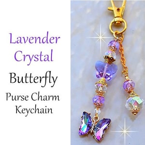 Dije de mariposa de lavanda para bolso, accesorio para bolso, llavero con cuentas de aurora boreal y mariposa morada con cristales brillantes, K2090