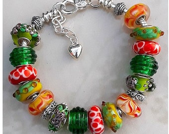 Glass Bead Bracelet Green Orange Yellow Murano Glass Beaded European Charm Bracelet Jewelry Gift EB1652