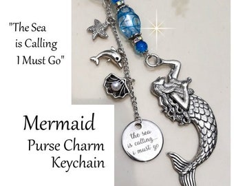 Mermaid Purse Charm Handbag Accessories Aquamarine and Royal Blue Glass Bead Bling Clip on Purse Charm Keychain Mermaid Gift For K2048