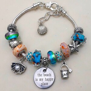 Charm Bracelet For Women Aquamarine Glass Bead Beach Dangle European Pandora Style Charm Bracelet Adjustable Silver Chain CBR2134