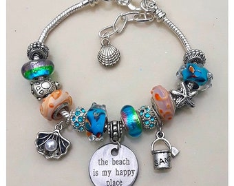 Beach Charm Bracelet Glass Bead Dangle Charm Bracelet Seashore Turtle Starfish Shell Sand Pail Dangle Charms Ocean Beach Gift #CBR2134