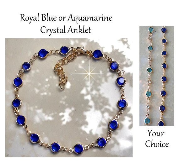 Anklet For Women Blue Crystal Ankle Bracelet Gold Chain Royal Blue Aquamarine Crystal Anklet Adjustable Chain