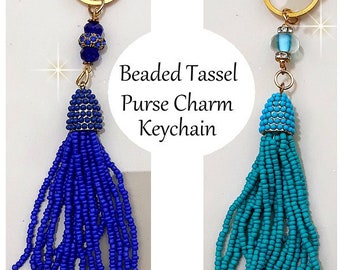 Beaded Tassel Purse Charm Royal Blue Turquoise Handbag Accessories Tassel Keychain Crystal Glass Bead Bling Purse Charm Gold Keychain Gift