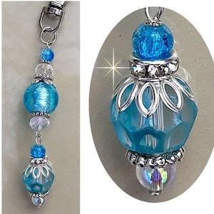 Dije para bolso, accesorio para bolso, con cuentas de cristal azul aguamarina, con cristales Aurora Borealis, llavero, K-2022
