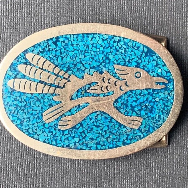 Vintage Signed Mexico Roadrunner Crushed Turquoise Chip Belt Buckle