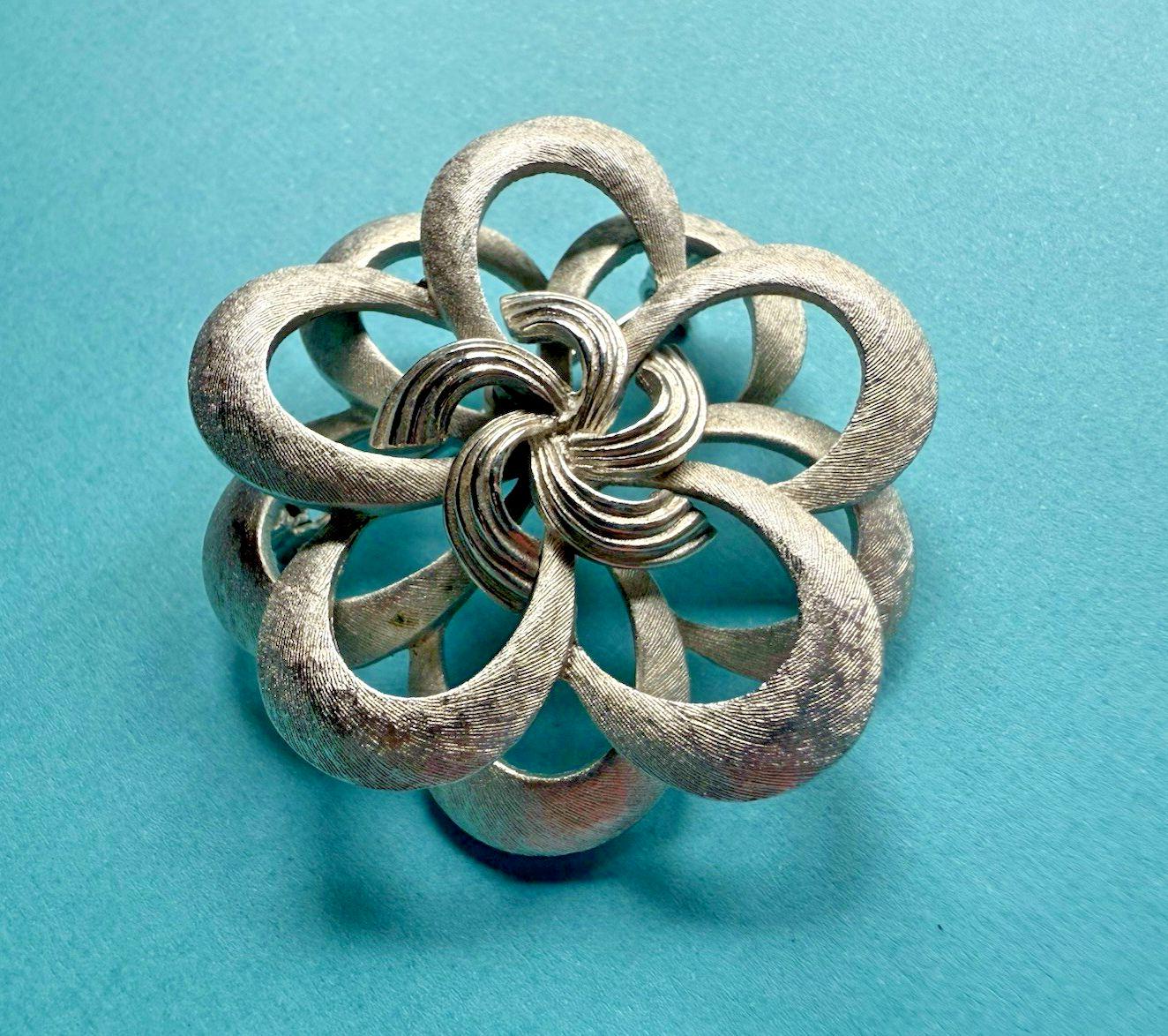Vintage Silver Tone Floral Brooch With Mesh Petals Center Has Cone Shape Design Vintage Silver Tone Flower Brooch. Flower Pin with  main image 4