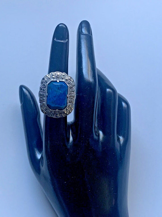 Antique Art Deco Neon Blue Apatite Marcasite Rect… - image 2