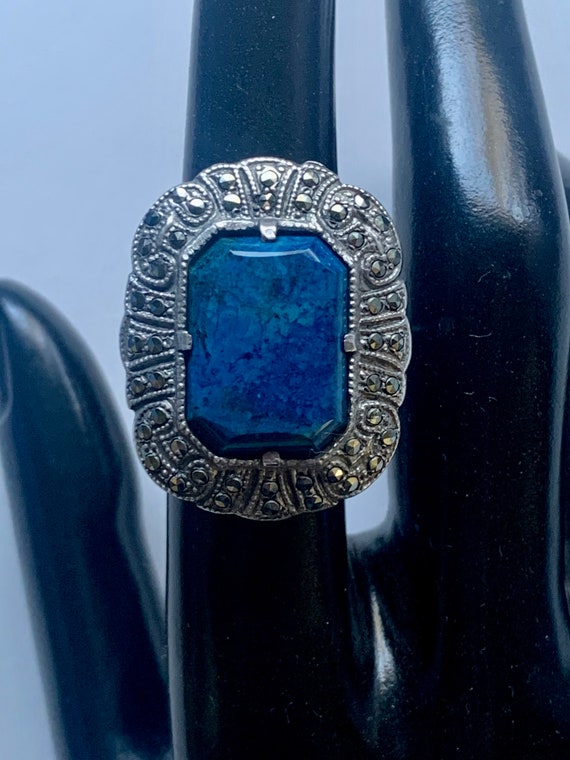Antique Art Deco Neon Blue Apatite Marcasite Rect… - image 1