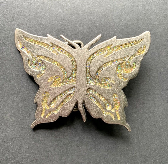 Vintage Large Butterfly Etched Glitter Belt Buckle