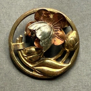 Antique Copper Gold & Silver Tone Flower Leaves Circular Artistic Brooch Pin