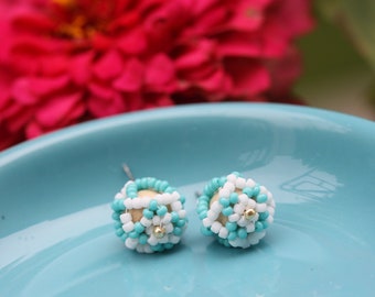 Handmade blue and white beaded ball stud earrings