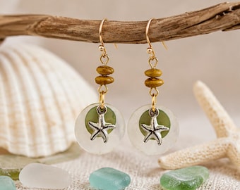 Handmade Beach Themed Mother of Pearl Starfish Earrings, Coastal Dangle Earrings, Ocean Jewelry, Seaside Boho Earrings