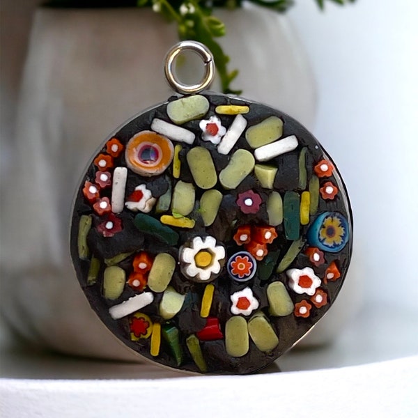 Handmade micro mosaic flower garden round necklace  - made of handcut pieces of Italian glass and millefiori glass flowers