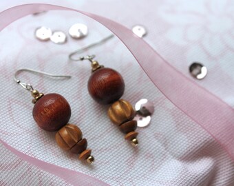 Handmade dangle earrings made with vintage wooden beads