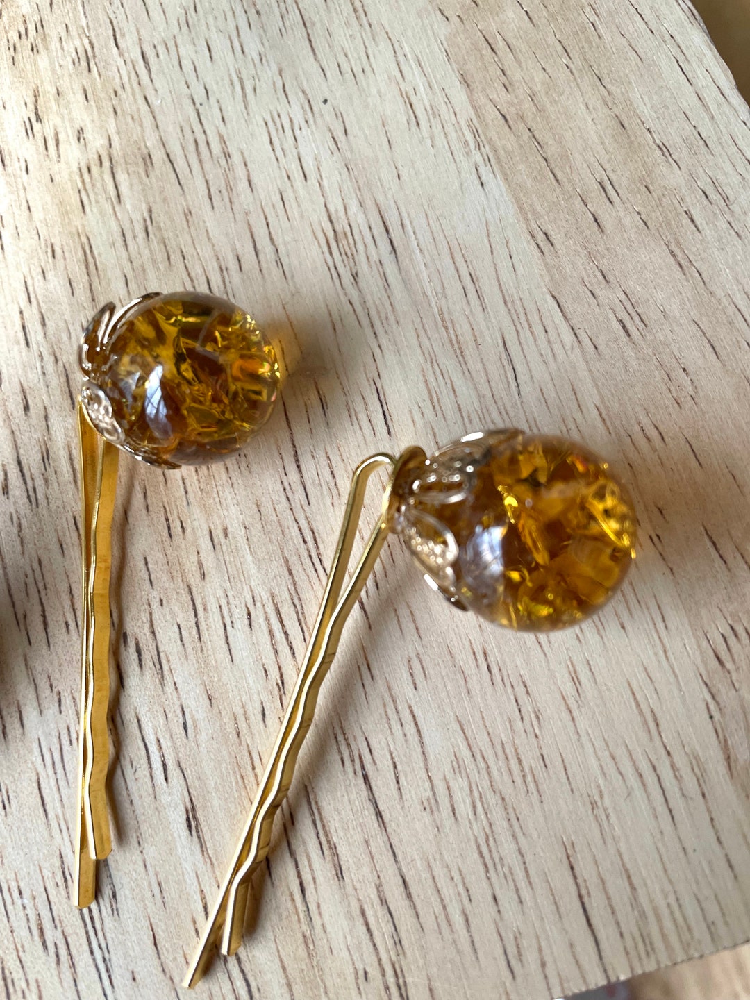 Pair of Unique Hair Pins Made of Upcycled Vintage Goldtone Crackle