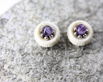 Tiny barely-there purple amethyst in silvertone minimalist stud earrings