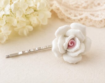 Fermaglio per capelli a forma di rosa in porcellana, forcina romantica da sposa, accessorio per capelli in stile cottagecore, fermaglio per capelli floreale femminile