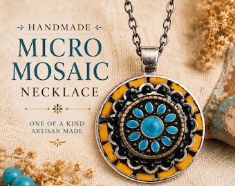 Handmade Micro Mosaic Necklace, Turquoise Mosaic Pendant, Mixed Media Necklace, One of a Kind Artisan Jewelry, Boho Statement Necklace
