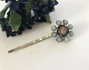 Mixed medium handmade hair pin - blue stones, blue Swarovski crystal, vintage metal floral base