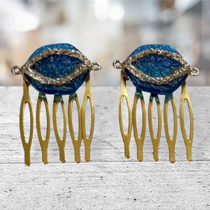 Pair of upcycled mixed material blue and gold small hair combs - 1" each - inspired by Mid Century Modern MCM design