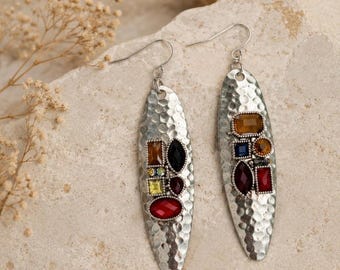 Handmade Mixed Media Collage Earrings | Hammered Metal | Upcycled Rhinestone Jewelry | Artisan Boho Dangle Earrings | Wearable art