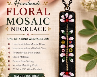 Handmade Floral Mosaic Necklace, Italian Murrini & Millefiori Glass Pendant, Minimalist Flower Necklace, One of a Kind Jewelry