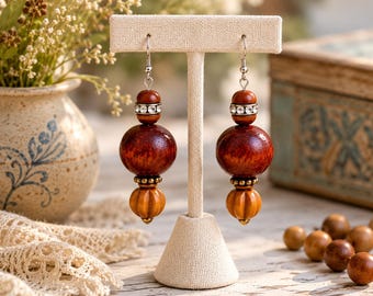 Handmade Wood Bead Earrings, Rustic Boho Dangle Earrings, Artisan Statement Earrings, Natural Wood Jewelry, Earth Tone Earrings