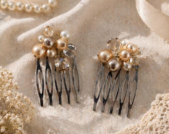 Bridal Hair Combs, Pearl Cluster Hair Pins, Champagne Gold Wedding Hair Accessories, Romantic Updo Comb Set, Handmade Hair Pieces