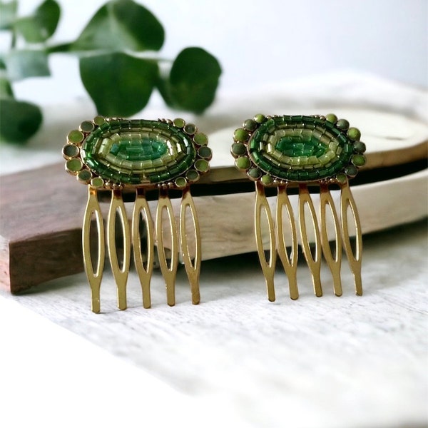 Pair of upcycled mixed material green enamel and beadwork metal hair combs - 1" each