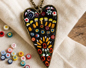 Handmade Micro Mosaic Necklace | Heart Millefiori Glass Pendant | Artisan Statement Jewelry