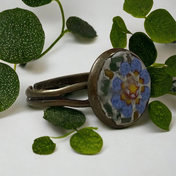 Handmade micro mosaic adjustable ring - Italian inspired - hand cut glass with millefiori flowers