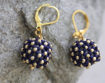 Nayy blue and gold beaded ball timeless dangle earrings