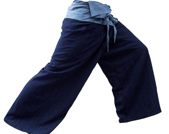 Fisherman Pants, 2 TONE Thai Fisherman Pants Cotton (Striped) Waist Baby Blue.