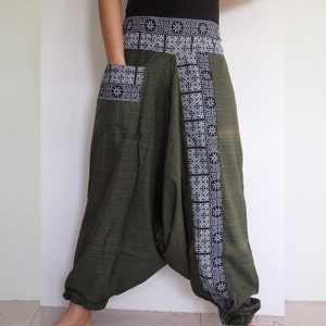Harem pants, Green Rough cotton harem pants in a natural.