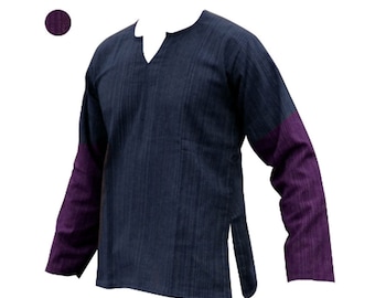 100% cotton long sleeve men's shirt, PURPLE 2 TONE Thai style Cotton (Striped) shirts - Ethnic Kurta Hippie Grandad Plain marshal arts