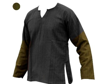 100% cotton long sleeve men's shirt, OLIVE 2 TONE Thai style Cotton (Striped) shirts - Ethnic Kurta Hippie Grandad Plain marshal arts