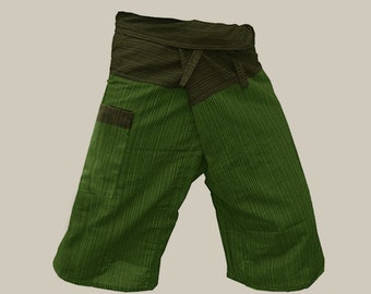 Waist Olive, 2 Tone Fisherman Pants, Thai Fisherman Pants Cotton Shorts (Striped).