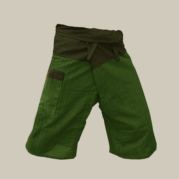 Waist Olive, 2 Tone Fisherman Pants, Thai Fisherman Pants Cotton Shorts (Striped).