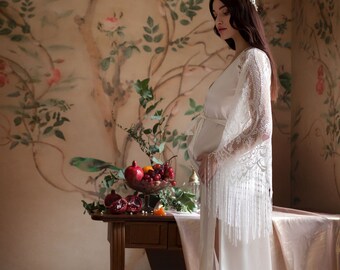 Maternity Long Silk Robe With Fringe Sleeves F-29