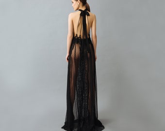 Long Black See Through Nightgown with Lace F41