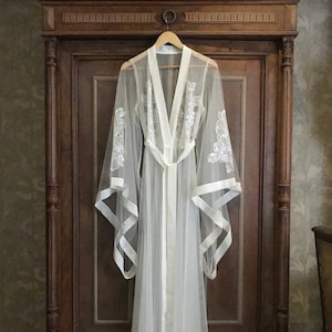 Long Sheer Bridal Robe with Embroidered Sleeves F45