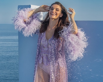 Lavender Sparkling Feather-trimed Robe F-94