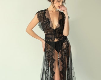 Sheer Lace Robe with Long Train F-81