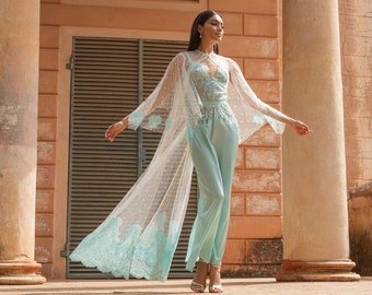Set of Silk-Satin Nightdress with Pearls and Cape-effect Robe in Light Turquoise F-97 F-98