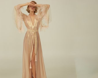 Golden SILK ROBE with FEATHERS "Grace" F-50