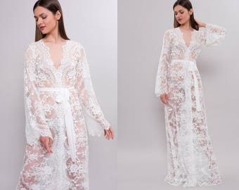 Lace Bridal Robe D-4, Ivory Lace Robe, Long Bridal Robe, Long Sleeve Robe, Bridal Lingerie, Wedding Lingerie, Boudoir, Honeymoon Lingerie