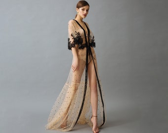 Polka Dot Tulle And Lace Black Robe F-20