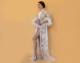 Lace Robe with Feather Boa F-72