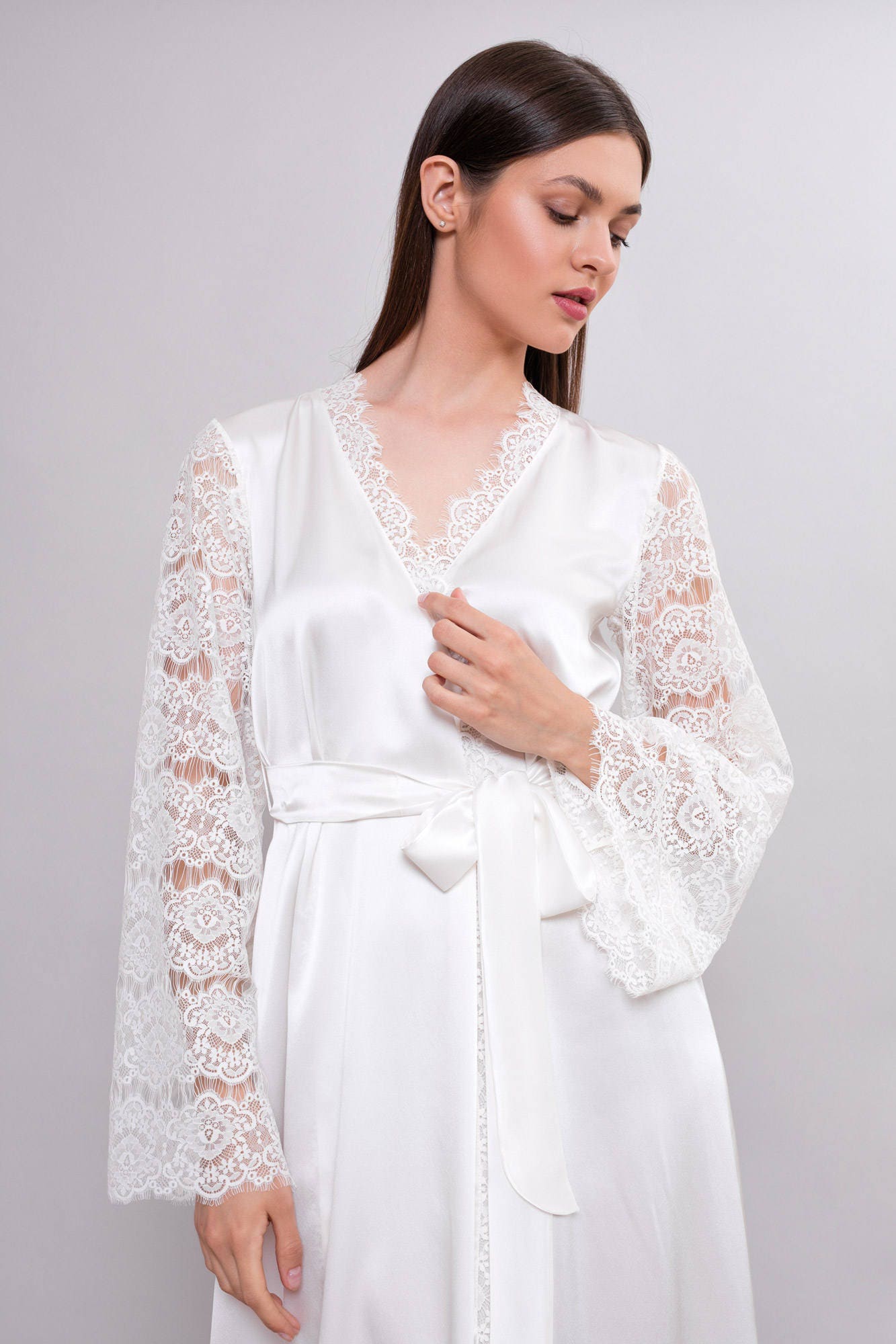 Long Silk Bridal Robe With Lace Sleeves F6 Bridal Lingerie Etsy UK