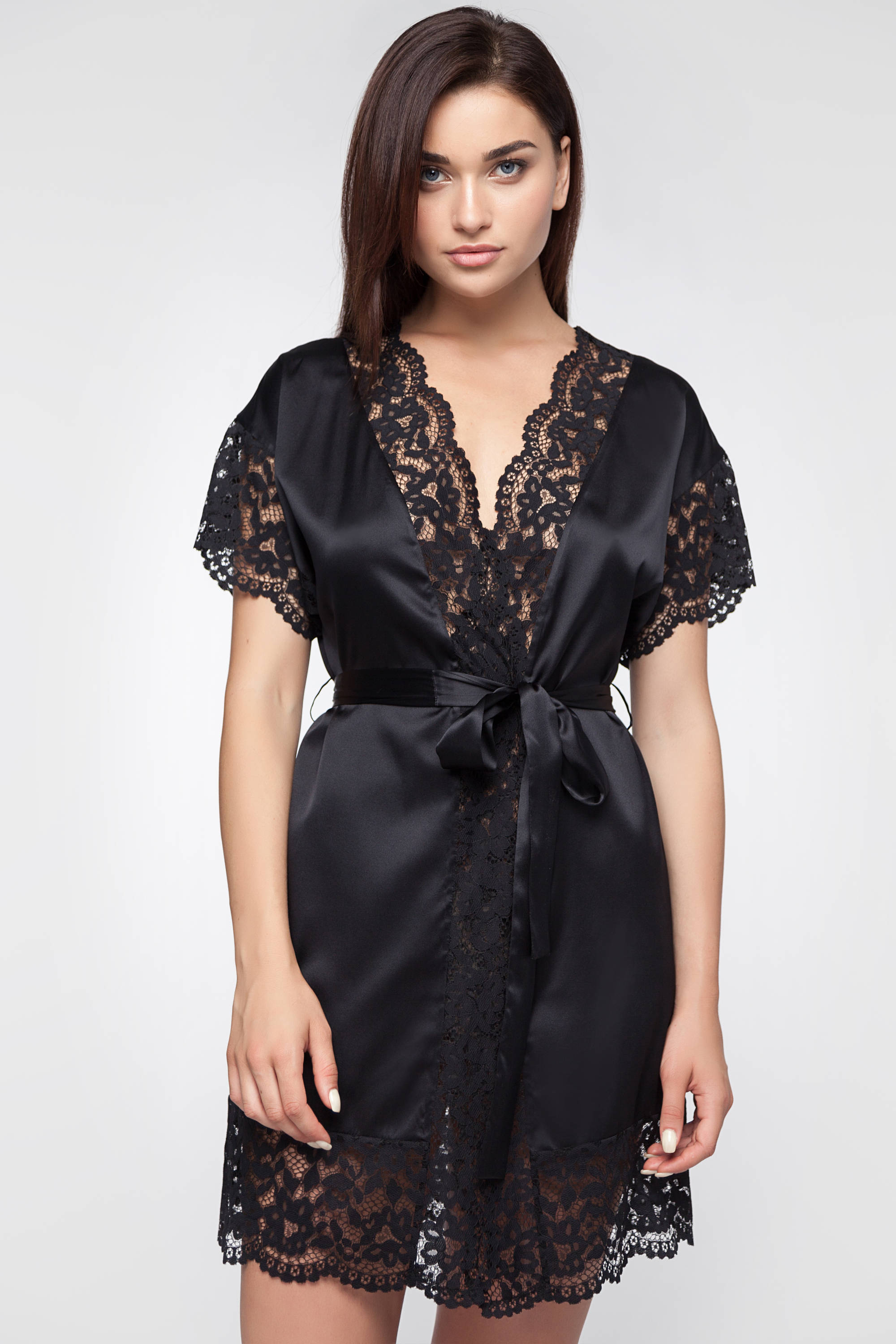 Short Silk Robe
 Short Black Silk Robe with Lace Lace Trimmed Black Robe y